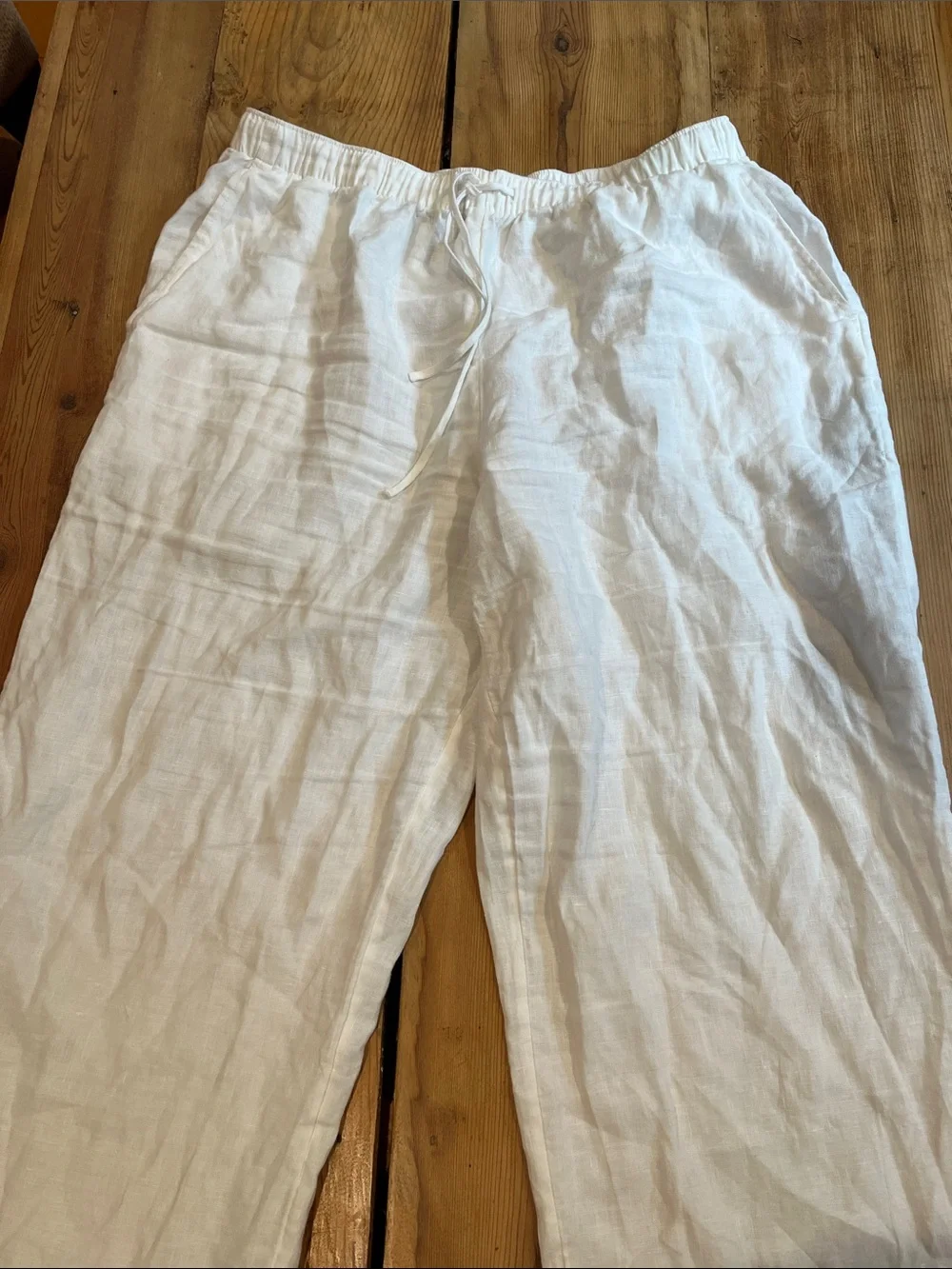 LITTLE MOON Aritzia L White Sail Linen Pants Wide Leg Relaxed Mid-Rise Drawcord